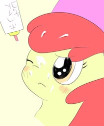 Size: 1701x2048 | Tagged: artist needed, source needed, safe, apple bloom, earth pony, pony, g4, blushing, closed eye, female, filly, japanese, messy, one eye closed, solo, upset, white chocolate