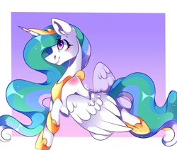 Size: 1080x915 | Tagged: safe, artist:tessa_key_, princess celestia, alicorn, pony, g4, abstract background, cute, cutelestia, female, hoof shoes, horn, jewelry, mare, peytral, signature, smiling, solo, tiara, wings
