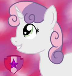 Size: 1080x1142 | Tagged: safe, artist:fruiitypieq, artist:shycookieq, sweetie belle, pony, unicorn, g4, abstract background, bust, cutie mark, eyelashes, female, filly, grin, horn, smiling, the cmc's cutie marks