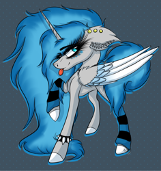 Size: 1080x1145 | Tagged: safe, artist:beamybutt, artist:fruiitypieq, artist:shycookieq, oc, oc only, alicorn, pony, :p, alicorn oc, collaboration, ear fluff, ear piercing, eyelashes, female, horn, leg warmers, mare, piercing, simple background, solo, tongue out, two toned wings, wings