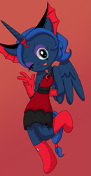 Size: 1053x2029 | Tagged: safe, artist:fruiitypieq, artist:shycookieq, idw, princess luna, alicorn, anthro, g4, reflections, spoiler:comic, base used, clothes, dress, evil counterpart, evil luna, female, horn, makeup, mirror universe, one eye closed, red background, simple background, solo, wings, wink