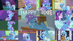 Size: 1280x720 | Tagged: safe, edit, edited screencap, editor:quoterific, screencap, starlight glimmer, trixie, pony, unicorn, a horse shoe-in, a matter of principals, all bottled up, boast busters, magic duel, no second prances, the ending of the end, to change a changeling, to where and back again, uncommon bond, bag, cape, clothes, collage, cup, cute, diatrixes, duo, duo female, female, glimmerbetes, hat, magic, mare, mouth hold, nose in the air, one eye closed, open mouth, saddle bag, teacup, telekinesis, trixie's cape, trixie's hat, volumetric mouth, wink