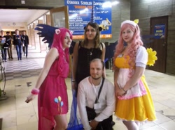 Size: 635x476 | Tagged: safe, fluttershy, pinkie pie, princess luna, human, g4, breasts, clothes, cosplay, costume, irl, irl human, my little konwent, photo