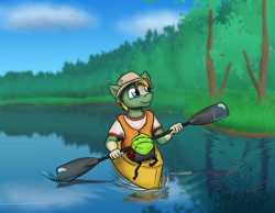 Size: 3000x2322 | Tagged: safe, artist:askavrobishop, oc, oc only, earth pony, anthro, earth pony oc, forest, high res, kayak, lake, lifejacket, male, reflection, rowing, solo, tree, water