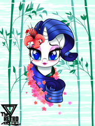 Size: 1200x1599 | Tagged: safe, artist:theretroart88, rarity, pony, unicorn, g4, bamboo, blushing, bust, eyeshadow, female, flower, flower in hair, lipstick, looking at you, makeup, mare, solo