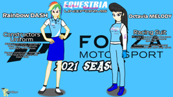 Size: 3840x2160 | Tagged: safe, artist:forzaveteranenigma, octavia melody, rainbow dash, human, fanfic:equestria motorsports, g4, clothes, comparison, cutie mark, flats, forza motorsport, high res, human coloration, humanized, looking at you, outfit, polo shirt, racing suit, serious, serious face, shoes, simple background, skirt, smiling, smiling at you, socks, uniform, watermark