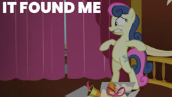 Size: 1280x720 | Tagged: safe, edit, edited screencap, editor:quoterific, screencap, bon bon, sweetie drops, earth pony, pony, g4, season 5, slice of life (episode), bipedal, female, mare, secret agent sweetie drops, solo, stephen king's it