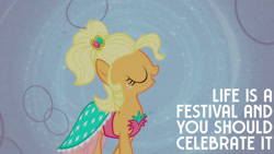 Size: 1280x720 | Tagged: safe, edit, edited screencap, editor:quoterific, screencap, applejack, earth pony, pony, g4, season 4, simple ways, alternate hairstyle, applejewel, clothes, dress, eyes closed, female, mare, open mouth, solo