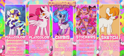 Size: 1510x684 | Tagged: safe, artist:lilpinkghost, oc, alicorn, earth pony, pegasus, pony, unicorn, bluehair, caption, chibi, commission, curly hair, cute, female, image macro, male, mare, paypal, pinkhair, sketch, sticker, text