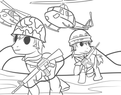 Size: 3800x3000 | Tagged: safe, artist:pizzamovies, earth pony, pony, assault rifle, born to kill, clothes, gun, helicopter, helmet, high res, m16, male, monochrome, rifle, stallion, uniform, vietnam war, weapon