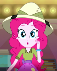 Size: 575x720 | Tagged: safe, screencap, pinkie pie, equestria girls, g4, my little pony equestria girls: summertime shorts, the canterlot movie club, clothes, cropped, cute, diapinkes, female, hat, pith helmet, shirt, solo