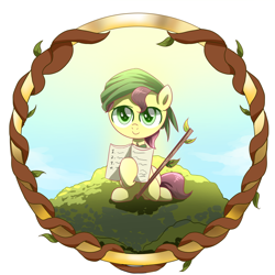 Size: 2000x2000 | Tagged: safe, artist:ce2438, oc, oc only, oc:acorn sprout, oc:yinglongfujun, earth pony, pony, basque country, book, brown mane, clothes, colt, father oak, green eyes, headscarf, high res, male, navarre, oak tree, scarf, smiling, solo, spain, tree, tree branch, yellow coat