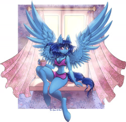 Size: 1280x1232 | Tagged: safe, artist:st. oni, oc, oc only, oc:anima, pegasus, anthro, unguligrade anthro, anthro oc, belly button, blue, clothes, coffee, commission, curtains, female, full body, pajamas, pegasus oc, sitting, solo, spread wings, sun light, window, windowsill, wings