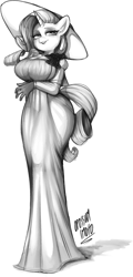 Size: 956x1984 | Tagged: safe, artist:opossum_imoto, rarity, vampire, anthro, g4, breasts, busty rarity, cleavage, clothes, cosplay, costume, crossover, dress, female, gloves, grayscale, hat, lady dimitrescu, lady raritrescu, looking at you, monochrome, resident evil 8, simple background, solo, white background, wide hips