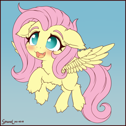 Size: 1750x1750 | Tagged: safe, artist:symbianl, fluttershy, pegasus, pony, g4, :d, blushing, chibi, cute, cute little fangs, fangs, fluffy, missing cutie mark, no pupils, open mouth, open smile, shyabetes, smiling, solo