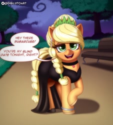 Size: 2000x2217 | Tagged: safe, artist:dibujito, part of a set, applejack, earth pony, pony, series:blind date, g4, alternate hairstyle, applejack also dresses in style, black dress, blind date, bracelet, choker, clothes, dialogue, dress, ear piercing, earring, female, hatless, high res, jewelry, looking at you, makeover, missing accessory, necklace, open mouth, open smile, park, park bench, part of a series, piercing, smiling, solo, speech bubble, talking to viewer