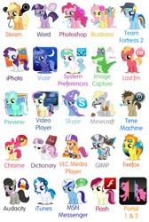 Size: 604x900 | Tagged: safe, apple bloom, applejack, big macintosh, bon bon, derpy hooves, dj pon-3, doctor whooves, fluttershy, gummy, linky, lyra heartstrings, minuette, octavia melody, pinkie pie, princess celestia, princess luna, rainbow dash, rarity, roseluck, scootaloo, shoeshine, spitfire, sweetie belle, sweetie drops, time turner, trixie, twilight sparkle, vinyl scratch, zecora, alicorn, alligator, earth pony, pegasus, pony, unicorn, adobe flash, adorabon, audacity, bowtie, colt, cute, cutefire, diabetes, dictionary, doctor who, downloadable, female, filly, filly applejack, filly bon bon, filly celestia, filly derpy, filly fluttershy, filly luna, filly lyra, filly minuette, filly octavia, filly pinkie pie, filly rainbow dash, filly rarity, filly roseluck, filly spitfire, filly trixie, filly twilight sparkle, filly vinyl scratch, filly zecora, firefox, foal, gimp, glasses, goggles, google chrome, gummybetes, headphones, icon, illustrator, image capture, iphoto, itunes, last.fm, looking at you, lyrabetes, macabetes, male, microsoft word, minecraft, minubetes, mouth hold, msn, nom, one eye closed, paintbrush, photoshop, portal (valve), portal 2, preview, scooter, skype, smiling, sonic screwdriver, steam (software), system preferences, team fortress 2, time machine, video player, vinylbetes, vlc, vuze, wall of tags, wink, woona, younger