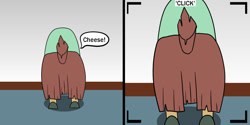 Size: 1280x640 | Tagged: safe, artist:platinumdrop, yona, yak, g4, butt, camera shot, noise, onomatopoeia, plot, raised tail, rear view, request, solo, speech bubble, tail, yonass