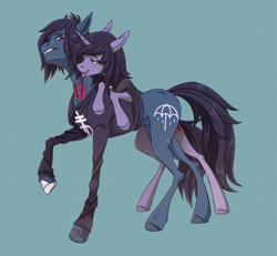 Size: 1888x1747 | Tagged: safe, artist:1an1, earth pony, pony, undead, unicorn, zombie, zombie pony, bone, bring me the horizon, clothes, commission, disguise, disguised siren, fangs, gay, glasgow smile, horn, kellin quinn, licking, lip piercing, long sleeves, male, oliver sykes, piercing, raised hoof, scar, shipping, shirt, simple background, sleeping with sirens, stallion, stitches, t-shirt, tattoo, teal background, tongue out, ych result