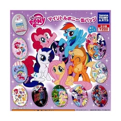 Size: 600x600 | Tagged: safe, applejack, fluttershy, pinkie pie, rainbow dash, rarity, twilight sparkle, alicorn, earth pony, pony, g4, badge, gashapon, japanese, my little pony logo, takara tomy, twilight sparkle (alicorn)