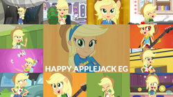 Size: 1280x721 | Tagged: safe, edit, edited screencap, editor:quoterific, screencap, applejack, a queen of clubs, best in show: the victory lap, camping must-haves, driving miss shimmer, driving miss shimmer: applejack, epic fails, equestria girls, equestria girls specials, g4, monday blues, my little pony equestria girls, my little pony equestria girls: better together, my little pony equestria girls: legend of everfree, my little pony equestria girls: rainbow rocks, my little pony equestria girls: rollercoaster of friendship, my little pony equestria girls: summertime shorts, shake things up!, shake your tail, ^^, applejack's hat, bass guitar, belt, best in show logo, better than ever, camp everfree outfits, clothes, cowboy hat, crossed arms, cute, cutie mark, cutie mark on clothes, denim skirt, eyes closed, female, geode of super strength, hat, helping twilight win the crown, jackabetes, jewelry, laughing, lockers, magical geodes, musical instrument, necklace, open mouth, photo booth (song), skirt, sliding background, smiling, smoke, solo