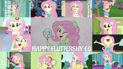 Size: 1280x721 | Tagged: safe, edit, edited screencap, editor:quoterific, screencap, fluttershy, bird, cat, dog, a little birdie told me, best in show: the pre-show, eqg summertime shorts, equestria girls, equestria girls (movie), equestria girls series, fluttershy's butterflies, friendship games, i'm on a yacht, outtakes (episode), pet project, rainbow rocks, shake your tail, so much more to me, spring breakdown, star crossed, the science of magic, spoiler:eqg series (season 2), ^^, backpack, best in show logo, camera shot, chalkboard, clothes, cute, cutie mark, cutie mark on clothes, eyes closed, fluttershy's butterflies: rainbow dash, geode of fauna, hairpin, hallway, jewelry, lockers, magical geodes, microphone, musical instrument, necklace, nose in the air, one eye closed, open mouth, ponied up, shyabetes, smiling, tambourine, tanktop, volumetric mouth, wink