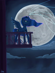 Size: 3543x4724 | Tagged: source needed, safe, artist:lin feng, princess luna, alicorn, pony, g4, balcony, ethereal mane, ethereal tail, moon, night, slender, solo, tail, tall, thin, windswept mane, windswept tail
