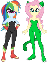 Size: 2992x4000 | Tagged: safe, artist:limedazzle, fluttershy, rainbow dash, equestria girls, g4, bare shoulders, bodysuit, boots, cat ears, cat tail, clothes, domino mask, duo, gloves, mask, shoes, simple background, sleeveless, strapless, transparent background, unitard, vector