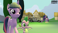 Size: 3413x1920 | Tagged: safe, artist:gradiusfanatic, spike, twilight sparkle, alicorn, dragon, pony, g4, the last problem, 3d, back to the future, candy, delorean, female, food, lollipop, male, older, older twilight, older twilight sparkle (alicorn), princess twilight 2.0, source filmmaker, time paradox, time travel, twilight sparkle (alicorn), winged spike