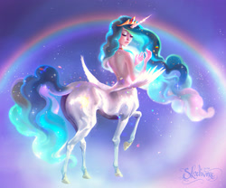 Size: 3183x2651 | Tagged: safe, artist:skadivore, princess celestia, centaur, human, g4, centaurlestia, eyes closed, female, galaxy, high res, humanized, solo