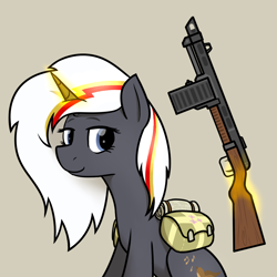 Size: 950x950 | Tagged: safe, artist:alexi148, oc, oc only, oc:velvet remedy, pony, unicorn, fallout equestria, bag, female, fluttershy medical saddlebag, gun, magic, mare, saddle bag, shotgun, solo, telekinesis, weapon