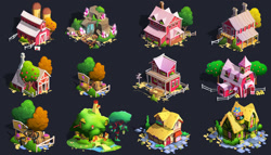 Size: 1672x956 | Tagged: safe, artist:steve tramacchi, gameloft, g4, apple, barn, barrels, fluttershy's cottage, food, grapes, tree