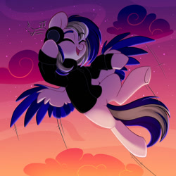 Size: 1280x1280 | Tagged: safe, artist:lazycloud, oc, oc only, oc:disk graze, pegasus, pony, clothes, headphones, hoodie, male, solo, stallion, two toned wings, wings
