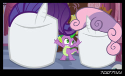 Size: 1288x778 | Tagged: safe, edit, edited screencap, editor:teren rogriss, screencap, rarity, spike, sweetie belle, dragon, g4, sisterhooves social, carousel boutique, food, marshmallow, rarity is a marshmallow, sweetie belle is a marshmallow too