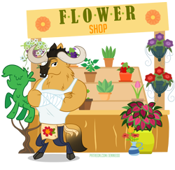 Size: 1200x1165 | Tagged: safe, artist:jennieoo, oc, oc only, oc:angus, bull, crossed arms, crossed hooves, flower shop, horns, show accurate, solo
