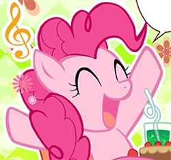 Size: 253x237 | Tagged: safe, artist:akira himekawa, pinkie pie, g4, cake, clef, drink, drinking straw, eyes closed, flower, food, manga, music notes, open mouth, palindrome get, picture for breezies, profile picture, pucchigumi, speech bubble, straw, textless, treble clef