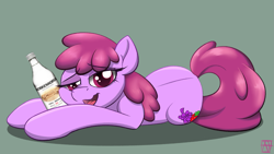 Size: 1735x976 | Tagged: safe, artist:naen, berry punch, berryshine, earth pony, pony, g4, alcohol, booze, drunk, female, finnish, go home you're drunk, koskenkorva, lying down, mare, solo