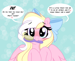 Size: 3555x2873 | Tagged: safe, artist:emberslament, oc, oc only, oc:bay breeze, pegasus, pony, blushing, bow, bronybait, brush, brush request, cute, daaaaaaaaaaaw, female, hair bow, hairbrush, heart eyes, high res, hnnng, looking at you, mare, mouth hold, ocbetes, simple background, solo, speech bubble, talking to viewer, wingding eyes