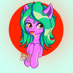 Size: 3000x3000 | Tagged: safe, artist:umbrapone, oc, oc only, earth pony, pony, candy, cel shading, food, green eyes, green mane, high res, lollipop, mouth hold, needs more saturation, orange eyes, shading, simple background, solo, two toned eyes