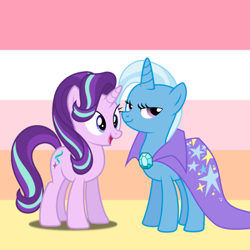 Size: 400x400 | Tagged: artist needed, safe, edit, starlight glimmer, trixie, pony, unicorn, g4, cape, clothes, duo, female, homestuck, lesbian, lidded eyes, mare, moirail, pride flag, quadrant shipping, ship:startrix, shipping