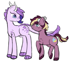 Size: 619x543 | Tagged: safe, artist:izupie, oc, oc:crystal clarity, unnamed oc, dracony, hybrid, pony, duo, female, freckles, interspecies offspring, mother and child, offspring, offspring's offspring, parent:oc:crystal clarity, parent:oc:golden delicious, parent:rarity, parent:spike, parents:oc x oc, parents:sparity, simple background, unshorn fetlocks, white background