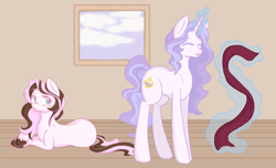 Size: 1930x1173 | Tagged: safe, artist:izupie, oc, oc:creme-de-la-creme, oc:fraise, earth pony, pony, kilalaverse, clothes, female, filly, levitation, lying down, magic, mare, mother and child, mother and daughter, offspring, offspring's offspring, parent:fancypants, parent:fleur-de-lis, parent:oc:creme-de-la-creme, parent:oc:golden delicious, parents:fancyfleur, parents:oc x oc, prone, scarf, story in the source, telekinesis