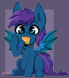 Size: 1813x2048 | Tagged: safe, artist:sakukitty, oc, oc only, oc:stardust, bat pony, pony, :3, bat pony oc, biting, cute, food, mango, ocbetes, smol, solo