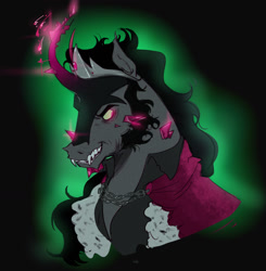Size: 1120x1143 | Tagged: safe, artist:gloomy-doom, king sombra, pony, umbrum, unicorn, g4, alternate design, cape, clothes, crown, crystal, fangs, jewelry, male, regalia, simple background, solo, stallion