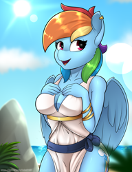 Size: 4234x5500 | Tagged: safe, artist:felixf, rainbow dash, pegasus, anthro, g4, breasts, busty rainbow dash, cleavage, ear piercing, earring, female, jewelry, open mouth, piercing, sexy, smiling, solo, stupid sexy rainbow dash, sun