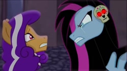 Size: 1136x640 | Tagged: safe, oc, oc:nightfall (midnight mares), midnight mares, angry, crying, daughter, duo, female, gritted teeth, looking at each other, mother, mother and child, mother and daughter, skull