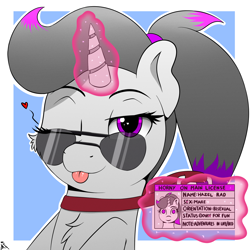 Size: 2000x2000 | Tagged: safe, artist:h3nger, oc, oc only, oc:hazel radiate, pony, unicorn, :p, aviator sunglasses, bust, chest fluff, commissioner:biohazard, eyebrows, eyelashes, female, heart, heart eyes, high res, highlights, horn, horny on main, id card, lanyard, license, looking at you, magic, magic aura, mare, one eye closed, ponytail, simple background, solo, sunglasses, tongue out, unicorn oc, wingding eyes, wink, winking at you