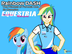 Size: 2160x1620 | Tagged: safe, artist:forzaveteranenigma, rainbow dash, human, pony, fanfic:equestria motorsports, g4, clothes, fanfic art, hand on hip, human coloration, humanized, looking at you, miniskirt, polo shirt, skirt, smiling, smiling at you