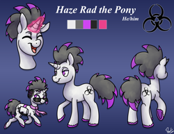 Size: 3300x2550 | Tagged: safe, artist:phoenix-of-starlight, oc, oc only, oc:haze rad, pony, unicorn, accessory, aviator sunglasses, bag, biohazard, bust, chibi, clothes, commission, commissioner:biohazard, eyes closed, headphones, high res, highlights, horn, magic, magic aura, male, no pupils, open mouth, rear view, reference sheet, saddle bag, scarf, side view, simple background, smiling, solo, stallion, sunglasses, unicorn oc, unshorn fetlocks, walking