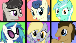 Size: 640x360 | Tagged: safe, bon bon, derpy hooves, dj pon-3, doctor whooves, lyra heartstrings, octavia melody, sweetie drops, time turner, vinyl scratch, earth pony, pegasus, pony, unicorn, g4, background six, female, happy, male, mare, open mouth, smiling, stallion, vector